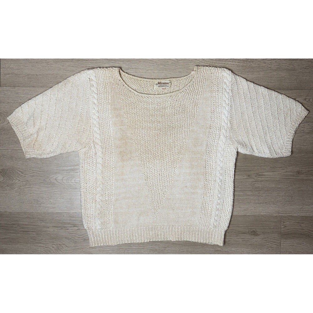 Vintage 80s Miramar Short Sleeve Knit Sweater Cream Off White Hand Made Medium